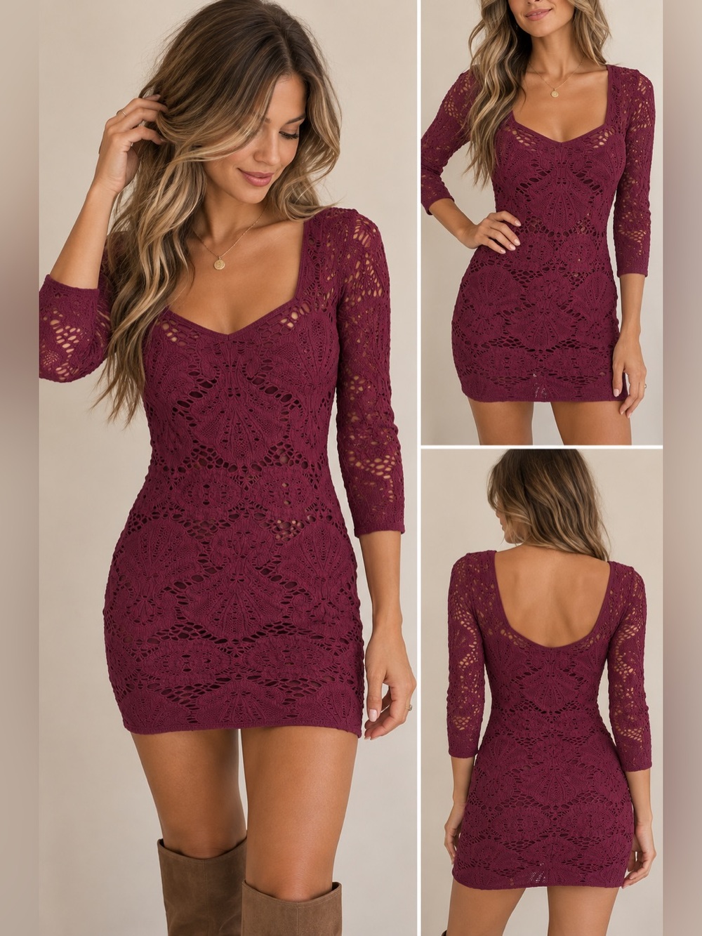 Free People Crochet Lace Mini Dress in Wine
